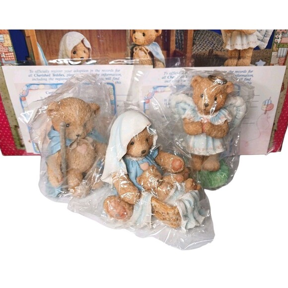 NEW Enesco Cherished Teddies 4 Pc Nativity Set + Wooden Creche Josh Maria & Baby - Picture 4 of 8